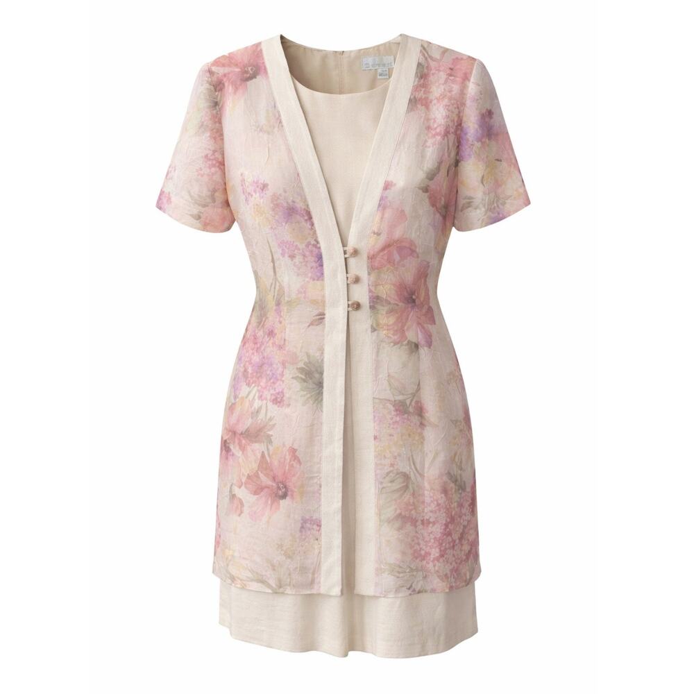 90s Vintage Dressbarn Overlay Dress Size 8 Pink Floral Midi Sheath Jacket Dress